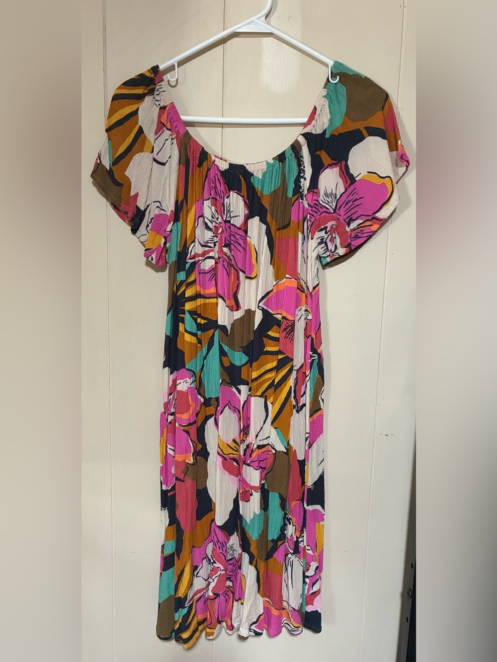 Billabong bright floral gauzy boho mini dress with stretch size Large